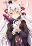  ... 1girl amatsukaze_(kantai_collection) blush brown_dress brown_eyes dildo dress gloves hair_tubes hat heart heart-shaped_pupils holding holding_dildo kantai_collection kyougoku_shin long_hair long_sleeves mini_hat nose_blush sailor_dress sex_toy silver_hair single_glove solo speech_bubble spoken_ellipsis spoken_heart sweatdrop symbol-shaped_pupils two_side_up upper_body white_gloves windsock 