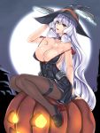  1girl :p alternate_breast_size bare_shoulders black_dress black_gloves black_legwear blue_hair breasts brown_hair cleavage dress fingerless_gloves floating floating_object full_moon gloves hair_ornament hakkai halloween_costume hat high_heels highres jack-o&#039;-lantern kantai_collection long_hair moon murakumo_(kantai_collection) off_shoulder sidelocks sitting sleeveless sleeveless_dress smile solo thick_eyebrows thigh_strap tongue tongue_out very_long_hair witch_hat 