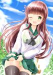  1girl ;d bangs black_legwear black_neckwear blue_sky blush bra breasts brown_hair cloud cloudy_sky collarbone commentary_request day eyebrows_visible_through_hair gochuumon_wa_usagi_desu_ka? green_bra green_eyes green_panties green_sailor_collar green_skirt hair_ribbon highres large_breasts long_hair long_sleeves one_eye_closed open_mouth outdoors panties pleated_skirt purple_ribbon ribbon sailor_collar school_uniform see-through serafuku shirt skirt sky smile solo thighhighs ujimatsu_chiya underwear very_long_hair water_drop wet wet_clothes wet_shirt wet_skirt white_shirt wringing_clothes wringing_skirt zenon_(for_achieve) 