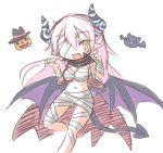  1girl :d bandage_over_one_eye bandaged_arm bandaged_leg bandages bangs cape chibi claw_pose demon_girl demon_tail demon_wings eyebrows_visible_through_hair fang frr_(akf-hs) hair_between_eyes halloween_costume horns long_hair mummy_costume navel open_mouth original pink_hair pointy_ears simple_background sketch smile solo tail white_background wings yellow_eyes 