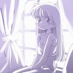  1girl arms_between_legs bangs blush breasts cleavage curtains long_hair midriff monochrome orange_peel_(artist) original sitting sketch smile solo window 