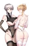  2girls absurdres artoria_pendragon_(all) artoria_pendragon_(lancer) artoria_pendragon_(lancer_alter) ass back bangs bare_shoulders black_gloves black_legwear black_leotard blonde_hair blush braid breasts closed_mouth covered_navel crown elbow_gloves fate/grand_order fate_(series) french_braid garter_straps gloves green_eyes hair_between_eyes hair_bun highleg highleg_leotard highres izaac large_breasts leotard long_hair looking_at_viewer looking_back multiple_girls sidelocks silver_hair simple_background smile thighhighs thighs underboob white_background white_gloves white_legwear white_leotard yellow_eyes 