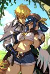  1boy 1girl alternate_costume bandana basket belt blonde_hair blue_hair blue_sky blush breasts closed_eyes couple crop_top dappled_sunlight denim denim_shorts dizzy fingering flower guilty_gear hair_rings hand_under_clothes hand_under_shorts hetero husband_and_wife ky_kiske medium_breasts midriff navel open_fly optionaltypo outdoors red_eyes sailor_collar shade short_shorts shorts sky sunlight underboob undone_belt wings 