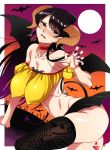  1girl ass bangs bare_shoulders bat bat_wings black_eyes black_hair black_legwear blush breasts choker claw_pose collarbone covered_nipples curled_horns demon_horns demon_tail fang frown full_body full_moon halloween hand_up hanging_breasts highres horns komi-san_wa_komyushou_desu komi_shouko leg_up long_hair midriff moon navel nose_blush open_mouth parted_bangs purple_nails shiny shiny_hair shiny_skin skirt solo sweatdrop swept_bangs tail tesu thighhighs thighs very_long_hair wavy_mouth wings 