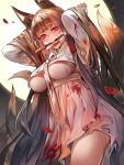  1girl akagi_(azur_lane) alternate_costume animal_ears arms_up azur_lane bangs blood bloody_clothes blush breasts brown_hair commentary eyebrows_visible_through_hair fox_ears fox_tail from_below full-face_blush glint hanbok hands_in_hair highres kitchen_knife knife_in_mouth korean_clothes large_breasts long_hair long_sleeves looking_at_viewer looking_down mouth_hold multiple_tails night petals red_eyes snowru solo tail thighs torn_clothes underboob very_long_hair yandere 