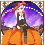  1girl :o black_cape black_headwear black_legwear black_skirt blush boots bow brown_footwear candy candy_cane cape checkerboard_cookie collared_shirt commentary_request cookie dress_shirt food halloween hand_up hat hat_bow head_tilt highres holding holding_food jack-o&#039;-lantern knee_up long_hair looking_at_viewer open_mouth original pleated_skirt red_bow red_eyes shirt sitting skirt solo sparkle star su_guryu thighhighs thighhighs_under_boots very_long_hair white_hair white_shirt witch_hat 
