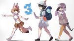  1other 2girls :d adjusting_eyewear androgynous animal_ears backpack bag bangs black_footwear black_gloves black_hair boots brown_eyes brown_hair brown_skirt captain_(kemono_friends_3) dhole_(kemono_friends) dog_ears dog_tail glasses gloves grey_hair hair_between_eyes hat hat_feather highres in_bag in_container kemono_friends kemono_friends_3 light_brown_hair logo long_sleeves looking_at_another lucky_beast_(kemono_friends) meerkat_(kemono_friends) meerkat_ears meerkat_tail multicolored_hair multiple_girls open_mouth outstretched_arm pleated_skirt pointing pointing_forward profile running shirt shoes short_sleeves shorts simple_background skirt sleeveless sleeveless_shirt smile tadano_magu tail thighhighs walking white_background white_footwear white_gloves white_shorts yellow_eyes 