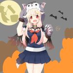  1girl absurdres bat black_ribbon black_scarf black_serafuku blonde_hair claws fang full_moon gloves grey_sky hair_flaps hair_ornament hair_ribbon hairclip highres hoshino_sora. kantai_collection long_hair looking_at_viewer mallet moon moon_rabbit mortar neckerchief open_mouth paw_gloves paws red_eyes red_neckwear remodel_(kantai_collection) ribbon scarf school_uniform serafuku shigure_(kantai_collection) silhouette skin_fang solo standing tail torn_scarf wolf_hood wolf_tail yuudachi_(kantai_collection) 