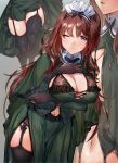  1girl :d arm_under_breasts bangs black_gloves blush breasts brown_hair cape cleavage closed_mouth eyebrows_visible_through_hair garter_straps gloves green_cape green_skirt hairband lace large_breasts long_hair looking_at_viewer mole mole_under_eye multiple_views navel ogino_atsuki open_mouth original purple_eyes sidelocks skindentation skirt smile thighhighs 