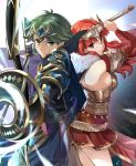  1boy 1girl alm_(fire_emblem) armor arrow bow_(weapon) breasts cape celica_(fire_emblem) closed_mouth fingerless_gloves fire_emblem fire_emblem_echoes:_shadows_of_valentia fire_emblem_heroes from_side fur_trim gloves green_eyes green_hair headpiece holding holding_bow_(weapon) holding_sword holding_weapon long_hair misu_kasumi red_eyes red_hair short_hair sideboob sword weapon 