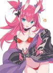  1girl :d armor ass_visible_through_thighs bangs bikini_armor black_bow black_sleeves blade_(galaxist) blue_eyes bow commentary_request cowboy_shot detached_sleeves elizabeth_bathory_(brave)_(fate) elizabeth_bathory_(fate)_(all) eyebrows_visible_through_hair fang fate/grand_order fate_(series) groin hair_between_eyes hair_bow hair_ribbon horns jack-o&#039;-lantern long_hair long_sleeves looking_at_viewer navel open_mouth oversized_clothes pink_hair pointy_ears purple_ribbon red_armor ribbon simple_background sleeves_past_wrists smile solo thigh_gap two_side_up very_long_hair white_background wide_sleeves 