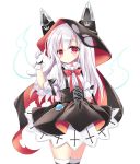  1girl animal_ears azur_lane black_bow black_cape black_skirt blush bow breasts cape chain closed_mouth commentary erebus_(azur_lane) fake_animal_ears glint gloves hood hood_up hooded_cape long_hair looking_at_viewer pleated_skirt puffy_short_sleeves puffy_sleeves red_cape red_eyes shikito shirt short_sleeves simple_background skirt small_breasts solo suspender_skirt suspenders thighhighs torn_cape torn_clothes very_long_hair white_background white_gloves white_hair white_shirt 
