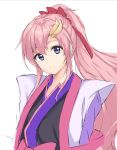  1girl gundam gundam_seed hair_ornament hair_ribbon japanese_clothes kimono lacus_clyne long_hair pasdar pink_hair ponytail ribbon sidelocks simple_background sketch solo upper_body very_long_hair white_background 