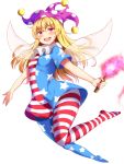  1girl :d american_flag_dress american_flag_legwear bangs blonde_hair blue_dress blue_legwear clownpiece commentary dress eyebrows_visible_through_hair fairy_wings full_body hair_between_eyes hat highres holding holding_torch jester_cap long_hair looking_at_viewer nagomian neck_ruff no_shoes open_mouth pantyhose polka_dot polka_dot_hat purple_headwear red_dress red_eyes red_legwear short_dress short_sleeves simple_background smile solo star star_print striped striped_dress striped_legwear thighs torch touhou white_background white_dress white_legwear wings 