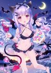  1girl :d animal_ears anklet bangs bare_shoulders barefoot basket bat_hair_ornament bikini black_bikini black_choker black_ribbon black_wings bow breasts candy cat_ears choker cleavage cloud cloudy_sky collarbone commentary_request crescent_moon criss-cross_halter cup demon_girl demon_tail demon_wings drink drinking_glass eyebrows_visible_through_hair fang food frilled_bikini frills groin hair_ornament hair_ribbon halterneck highres holding holding_cup jewelry lollipop long_hair looking_at_viewer medium_breasts moon navel open_mouth original outdoors parasol pool purple_eyes purple_hair red_bow ribbon signature sky smile solo standing standing_on_one_leg star_(sky) starry_sky sunset swimsuit tail umbrella very_long_hair wasabi_(sekai) water wavy_hair wine_glass wings 