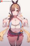  1girl atelier_(series) atelier_ryza bangs bare_shoulders belt blue_belt blush boots breasts brown_belt brown_gloves brown_hair cleavage collarbone double_v drawstring flask gloves gradient gradient_background grin jacket jewelry large_breasts leather leather_belt leather_gloves looking_at_viewer nanoless navel necklace one_eye_closed red_shorts reisalin_stout round-bottom_flask short_hair short_shorts shorts single_glove sleeveless sleeveless_jacket smile solo star star_necklace test_tube thick_thighs thigh_boots thighhighs thighs v vial white_headwear yellow_jacket 