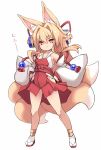  1girl animal_ear_fluff animal_ears bangs bare_shoulders blonde_hair bow closed_mouth collarbone detached_sleeves eyebrows_visible_through_hair fox_ears fox_girl fox_tail full_body hair_between_eyes hair_intakes hair_ornament hakama hakama_skirt hands_on_hips highres izuna_(shinrabanshou) japanese_clothes karukan_(monjya) kitsune long_hair long_sleeves red_bow red_eyes red_footwear red_hakama shinrabanshou short_eyebrows sidelocks simple_background sleeves_past_wrists smile socks solo standing tail thick_eyebrows translation_request very_long_hair white_background white_legwear white_sleeves wide_sleeves zouri 