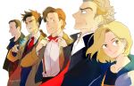  1girl 4boys black_hair blonde_hair blue_eyes bow bowtie brown_eyes brown_hair coat doctor_who eleventh_doctor green_eyes highres hood hoodie jacket looking_at_viewer md5_mismatch mogamoka multiple_boys necktie ninth_doctor shirt smile tenth_doctor the_doctor thirteenth_doctor twelfth_doctor white_hair 