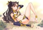  1girl anklet armlet asymmetrical_legwear bangs bare_shoulders bridal_gauntlets brown_hair collarbone detached_sleeves earrings eyebrows_visible_through_hair fate/grand_order fate_(series) feet grass groin hair_ribbon hand_on_own_head highres hoop_earrings ishtar_(fate/grand_order) jewelry long_hair lying midriff navel open_mouth red_eyes ribbon single_detached_sleeve single_thighhigh solo spread_legs suzuki24 thighhighs toeless_legwear two_side_up 