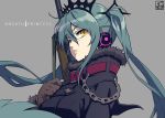  1girl ansatu_princess_(vocaloid) aqua_hair artist_logo artist_name black_coat brown_gloves buckle chain coat commentary_request eyebrows_visible_through_hair fur-trimmed_coat fur_trim gloves grey_background gun hair_between_eyes hands hatsune_miku long_hair looking_at_viewer pairan parted_lips simple_background solo song_name tiara twintails upper_body vocaloid weapon weapon_on_back yellow_eyes 