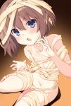  1girl bandages bare_shoulders blanc blue_eyes blush breasts brown_hair claw_pose from_above halloween halloween_costume iwasi-r naked_bandage navel neptune_(series) open_mouth seiza short_hair sitting small_breasts solo thighs 