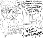  1girl angry bb_(baalbuddy) belle_delphine collarbone computer elf english_text highres keyboard_(computer) monitor monochrome original pointy_ears sketch solo speech_bubble tears typing 