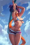 1girl abs absurdres armpits arms_up bikini bikini_top breasts cloud cloudy_sky curvy cutesexyrobutts eyewear_on_head fiora_laurent highres huge_filesize large_breasts league_of_legends lips looking_at_viewer navel paid_reward parted_lips patreon_reward pink_hair scarf sky solo source_request striped striped_bikini sunglasses swimsuit tan tanline thighs wide_hips 