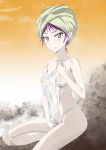  &gt;:( 1girl breasts closed_mouth cloud collar collarbone covered_nipples covering covering_crotch gegege_no_kitarou looking_at_viewer minpei_ichigo nekomusume nude nude_cover onsen outdoors pointy_ears purple_hair rock see-through short_hair sitting small_breasts solo steam towel towel_on_head v-shaped_eyebrows yellow_eyes yellow_sky 