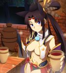  1girl alcohol armor asymmetrical_clothes bangs black_hair blue_eyes blue_panties blunt_bangs breasts brick_wall closed_mouth cup eyebrows_visible_through_hair fate/grand_order fate_(series) highres holding holding_cup japanese_armor kusazuri large_breasts long_hair looking_at_viewer midriff navel no_bra outstretched_arm panties parted_bangs pitcher ponytail shadowsoforacle smile solo sparkle tree underboob underwear ushiwakamaru_(fate/grand_order) very_long_hair wine 