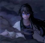  1boy ahoge black_cloud black_hair blue_eyes cloud collarbone hair_between_eyes highres japanese_clothes long_hair male_focus ohil_(ohil822) open_mouth original signature smile solo 