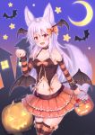  1girl :d animal_ear_fluff animal_ears artist_name bare_shoulders basket bat bow breasts candy cocoasabure collar collarbone commentary_request cowboy_shot crescent_moon crop_top detached_sleeves fang food fox_ears fox_girl fox_tail frills hair_bow halloween halloween_costume hand_up head_wings highres jack-o&#039;-lantern layered_skirt lollipop long_hair looking_at_viewer medium_breasts midriff miniskirt moon navel open_mouth orange_bow orange_skirt original red_bow red_eyes skirt slit_pupils smile solo star striped striped_legwear swirl_lollipop tail thighhighs white_hair zettai_ryouiki 