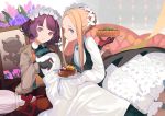  2girls abigail_williams_(fate/grand_order) artist_request bangs black_dress blonde_hair blue_eyes broom brown_jacket cake commentary_request dress fate/grand_order fate_(series) food hair_bun hair_ornament holding holding_plate jacket katsushika_hokusai_(fate/grand_order) keyhole long_hair looking_at_viewer maid multiple_girls octopus parted_bangs plate purple_eyes purple_hair short_hair sleeves_past_fingers sleeves_past_wrists tokitarou_(fate/grand_order) 