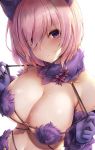  1girl animal_ears bare_shoulders blush bow breasts cleavage closed_mouth dangerous_beast elbow_gloves fate/grand_order fate_(series) fur-trimmed_gloves fur_collar fur_trim gloves hair_over_one_eye halloween_costume highres large_breasts lavender_hair looking_at_viewer mash_kyrielight motokonut o-ring pink_bow purple_eyes purple_gloves revealing_clothes short_hair simple_background solo strap_pull white_background wolf_ears wolf_girl 
