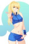  1girl artist_name blonde_hair blue_eyes crop_top eyebrows_visible_through_hair feguimel hand_under_clothes hand_under_shorts highres metroid metroid_fusion mole mole_under_mouth navel pointing pointing_at_viewer ponytail samus_aran short_shorts shorts shorts_pull sleeveless smile solo standing stomach thigh_gap toned wristband 
