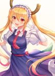  1girl bangs blonde_hair breasts commentary dragon_girl dragon_horns dragon_tail eyebrows_visible_through_hair gloves highres horns kobayashi-san_chi_no_maidragon large_breasts long_hair looking_at_viewer maid maid_headdress open_mouth red_eyes seungju_lee slit_pupils smile solo tail tooru_(maidragon) twintails white_gloves 