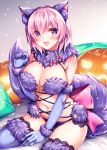  1girl :d animal_ears bangs bare_shoulders bed_sheet between_legs blue_gloves blue_legwear blush bow breasts cleavage commentary_request dangerous_beast elbow_gloves eyebrows_visible_through_hair fake_animal_ears fake_tail fang fate/grand_order fate_(series) fukase_ayaka fur-trimmed_gloves fur-trimmed_legwear fur_collar fur_trim gloves hand_between_legs jack-o&#039;-lantern large_breasts looking_at_viewer mash_kyrielight navel open_mouth pillow pink_bow pink_hair pumpkin revision short_hair sitting smile solo tail thighhighs wolf_ears wolf_tail 
