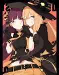  2girls alternate_costume bangs belt black_gloves blush breasts brown_hair candy cape closed_mouth commentary_request elbow_gloves eyebrows_visible_through_hair food girls_frontline gloves green_eyes grin hair_between_eyes hair_ribbon hair_rings half_updo halloween hands_up hat highres holding holding_food hug ichiki_1 large_breasts lollipop long_hair looking_at_viewer m1903_springfield_(girls_frontline) midriff multiple_girls necktie one_eye_closed one_side_up orange_neckwear orange_skirt pantyhose ponytail purple_hair red_eyes ribbon shirt sidelocks skirt sleeveless sleeveless_shirt smile very_long_hair wa2000_(girls_frontline) witch_hat 