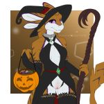  1:1 2019 3_fingers anthro aurellia_darkwater avali breasts candy clothing collar digital_media_(artwork) excitedcargoyle female fingers food halloween hat headgear headwear hi_res holidays jack-o&#039;-lantern non-mammal_breasts purple_eyes pussy solo standing 