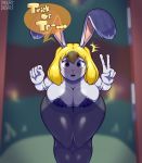  2019 absurd_res bent_over big_breasts blonde_hair blush breasts carrot_(one_piece) cleavage clothed clothing costume female fur hair halloween hi_res holidays lagomorph legwear leporid lingerie looking_up mammal minkmen_(one_piece) one_piece open_mouth peace_sign_(disambiguation) penis_shadow pink_nose playboy_bunny rabbit savourysausages silhouette simple_background solo stockings surprise teddy_(clothing) text thick_thighs trick_or_treat white_body white_fur 