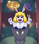  2019 absurd_res bent_over big_breasts blonde_hair breasts carrot_(one_piece) cleavage clothed clothing costume female fur hair halloween hi_res holidays lagomorph legwear leporid lingerie looking_up mammal minkmen_(one_piece) one_piece open_mouth peace_sign_(disambiguation) pink_nose playboy_bunny rabbit savourysausages simple_background solo stockings teddy_(clothing) text thick_thighs trick_or_treat white_body white_fur 