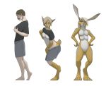  2013 4_breasts anthro barefoot blonde_hair breasts brown_hair clothing featureless_crotch female gender_transformation hair human human_to_anthro jackrabbit_(sorien) lagomorph leporid mammal multi_breast multi_breast_growth navel nipples nude rabbit sequence shirt short_hair simple_background smile solo species_transformation standing tail_growth taus topwear transformation white_background 