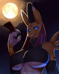  2019 3_fingers anthro big_breasts black_nose black_sclera blue_eyes breasts canid claws clothed clothing digimon digimon_(species) digital_media_(artwork) dipstick_ears doomthewolf facial_markings female fingers full_moon glowing glowing_eyes grin head_markings hi_res looking_at_viewer mammal markings moon multicolored_ears slit_pupils smile solo taomon under_boob 