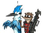  ! 2014 4_fingers absurd_res anthro avian beak bird blue_jay brown_body brown_fur cartoon_network clothed clothing corvid countershading crossover duo eye_contact feathers fingers frown fur grin guardians_of_the_galaxy hi_res holding_object holding_weapon humor jay_(bird) kenket looking_at_another looking_back mammal marvel mordecai_(regular_show) multicolored_body multicolored_feathers new_world_jay nude painting_(artwork) procyonid raccoon ranged_weapon regular_show rigby_(regular_show) simple_background smile traditional_media_(artwork) watercolor_(artwork) weapon white_background 