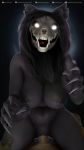  3d_(artwork) anthro big_breasts black_body black_fur black_hair bodily_fluids bone breasts canid canine canis claws clitoris cowgirl_position digital_media_(artwork) duo female fur genital_fluids glowing glowing_eyes hair halloween hand_on_thigh holidays human human_on_anthro interspecies looking_at_viewer male male/female mammal mane monster nipples nude on_top open_mouth penetration penis portrait pussy pussy_juice riding scp-1471 scp_foundation sex skeleton skull solo_focus spooky teeth tenzide vaginal vaginal_penetration white_eyes wolf zbrush 