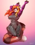  2019 5_fingers ailurid angrboda anthro barefoot big_breasts black_nose blue_eyes breasts clothing female fingers hair hi_res long_hair mammal one_eye_closed open_mouth red_hair red_panda rubber simple_background smile snout solo tight_clothing wide_hips 