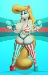  2019 animaniacs anthro big_breasts blonde_hair blue_eyes blue_lipstick boxing boxing_gloves bra breasts clothing daxzor digital_media_(artwork) female footwear hair half-closed_eyes handwear hi_res high_heels legwear lipstick long_hair looking_at_viewer makeup mammal minerva_mink mink mustelid musteline navel platform_footwear platform_heels shoes solo sport stockings underwear warner_brothers 