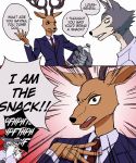  antlers beastars canid canine canis cervid claws clothing dialogue english_text hi_res horn legosi_(beastars) louis_(beastars) male mammal suit text usagichii wolf 