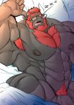  2016 abs absurd_res anthro armpit_hair balls barazoku beard bed big_balls big_muscles big_penis black_body black_fur black_nipples body_hair boku_(character) bovid bovine cattle chest_hair eyebrows eyewear facial_hair facial_piercing fur furniture glasses hair hi_res horn huge_muscles hyper hyper_muscles lying male mammal muscular muscular_male nipples nose_piercing on_back pecs penis piercing pubes red_hair sleeping solo sukiyo thick_eyebrows vein veiny_muscles veiny_penis 