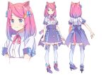  1girl animal_ears blue_eyes boots bow cat_ears cat_tail collage commentary_request frilled_skirt frills full_body garter_straps gradient_hair gradient_tail hair_bow hair_ornament hair_ribbon hairclip high_heel_boots high_heels kanzaki_hiro medium_hair multicolored_hair multiple_views neck_ribbon original pink_hair ribbon short_sleeves skirt striped striped_legwear tail thighhighs vertical-striped_legwear vertical_stripes 