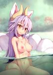  1girl animal_ears blurry blurry_background breasts closed_mouth collarbone completely_nude forest fox_ears fox_tail heterochromia highres horns kuon_(shinrabanshou) kyuubi long_hair looking_at_viewer medium_breasts multiple_tails nature navel nude partially_underwater_shot purple_hair saru_000 shinrabanshou smile solo tail 
